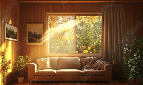 A Cozy Living Room with a Couch, Wooden Walls, and Sunlight Streaming Through a Window