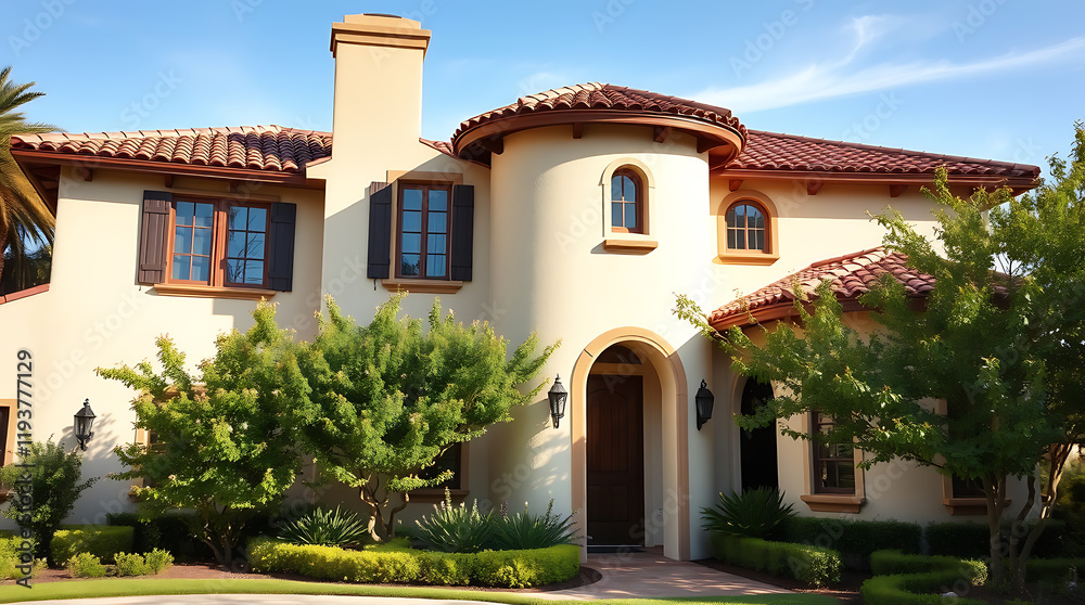 Fototapeta premium Luxury Mediterranean-Style House with Landscaped Garden and Stunning Exterior Design