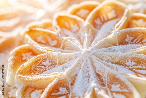 Extreme close-up of pizzelle cookies showing intricate design photo