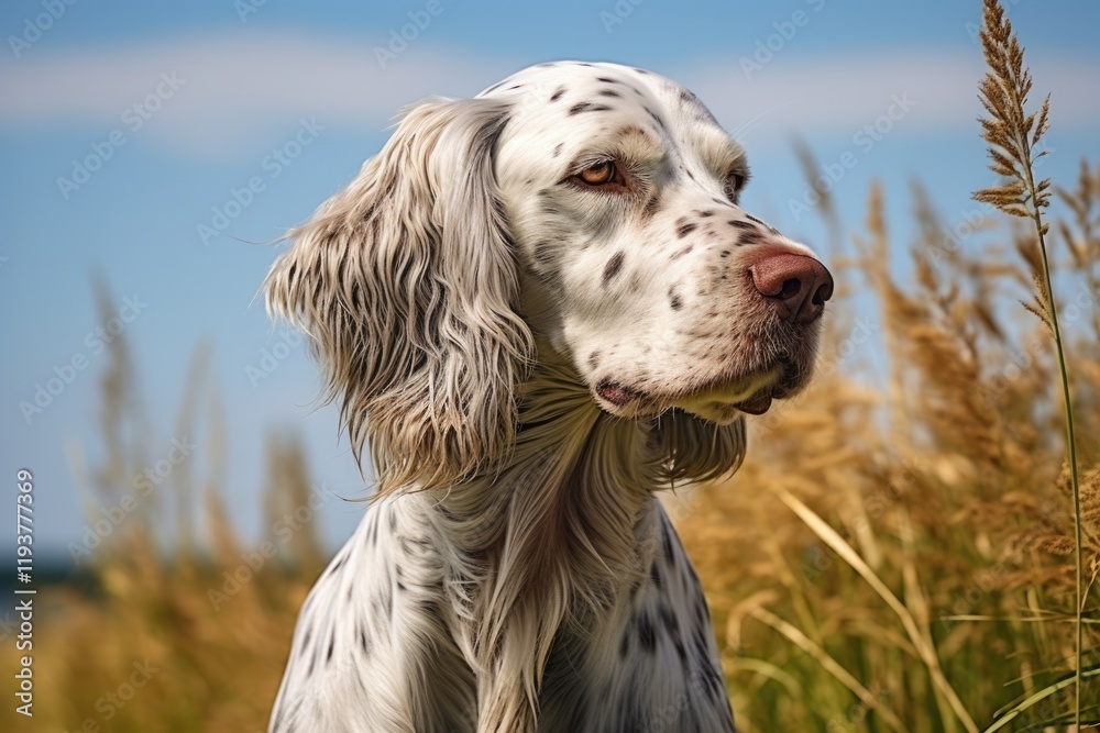 English Setter Stacking Gracefully on Green Grass. Beautiful Purebred White and Brown Spotted Hunting Dog Poses with Half Face on Beach English Setter Stacking Gracefully on Green Grass. Beautiful Purebred White and Brown Spotted Hunting Dog Poses with Half Face on Beach