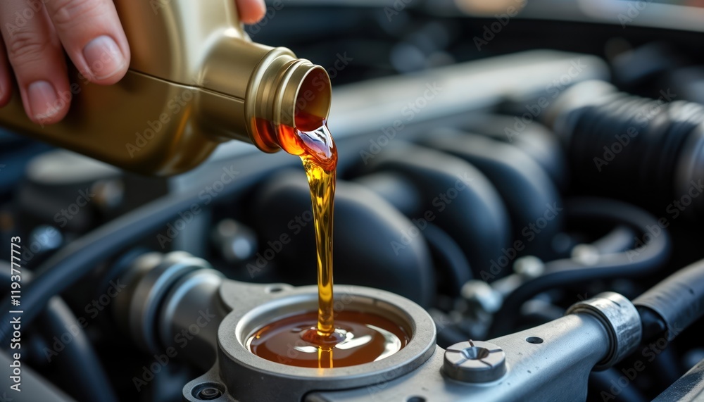 Fototapeta premium Closeup view of oil pouring into car engine. Person carefully pouring oil lubricant into car engine. Maintenance work on vehicle. Engine servicing concept. Automotive industry. Quality fuel added to