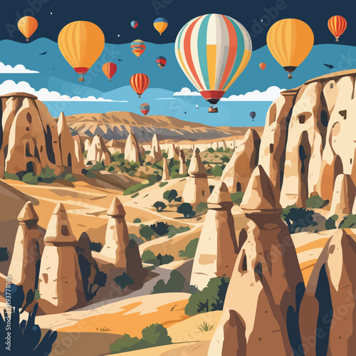 Vector illustration. Türkiye, Cappadocia. Design for poster, banner, postcard. Tourism, travel.