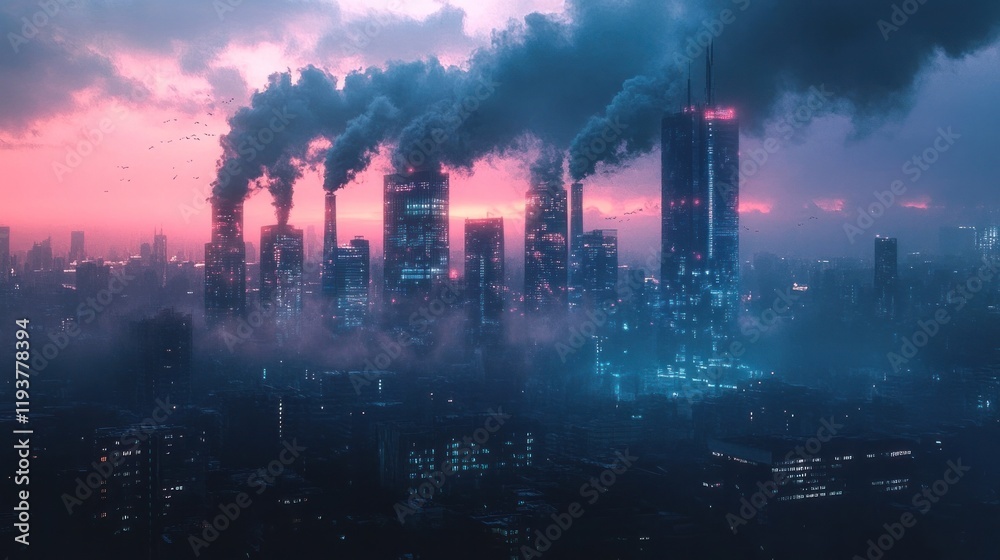 Dramatic cityscape at dusk with atmospheric smoke and haze over a bustling urban skyline of towering skyscrapers and high rise buildings in the financial district of a modern metropolis Dramatic cityscape at dusk with atmospheric smoke and haze over a bustling urban skyline of towering skyscrapers and high rise buildings in the financial district of a modern metropolis