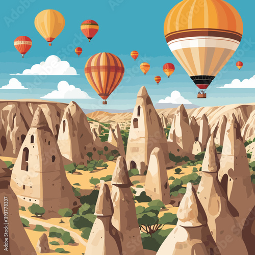 Vector illustration. Türkiye, Cappadocia. Design for poster, banner, postcard. Tourism, travel.