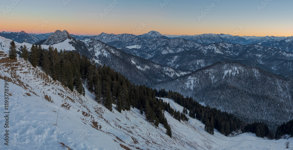 Obraz premium View towards Karwendel and the Austrian central alps. View from Mount Schonberg near Lenggries in the Bavarian Alps during winter. Germany, Bavaria.
