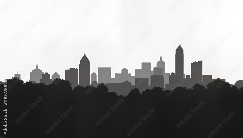 Obraz premium Washington DC skyline silhouette against pale sky. Minimalist urban design. Cityscape view. Buildings, trees shown in simple black, white silhouette. Urban landscape image. Illustration for banner