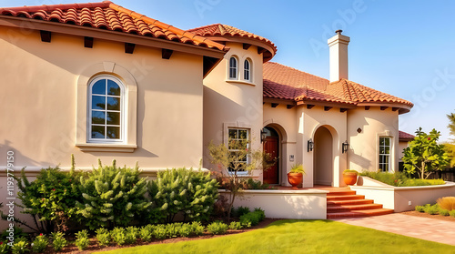 Mediterranean-Style Dream House: Luxurious Home Exterior with Landscaped Garden photo