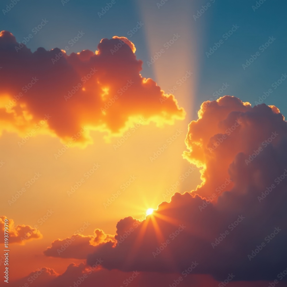 Fototapeta premium Blazing sunset with fluffy clouds, vibrant summer sky, tranquil, warm, golden hour