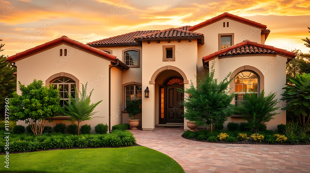 Naklejka premium Mediterranean-Style Luxury Villa at Sunset: Breathtaking Architecture and Landscaping