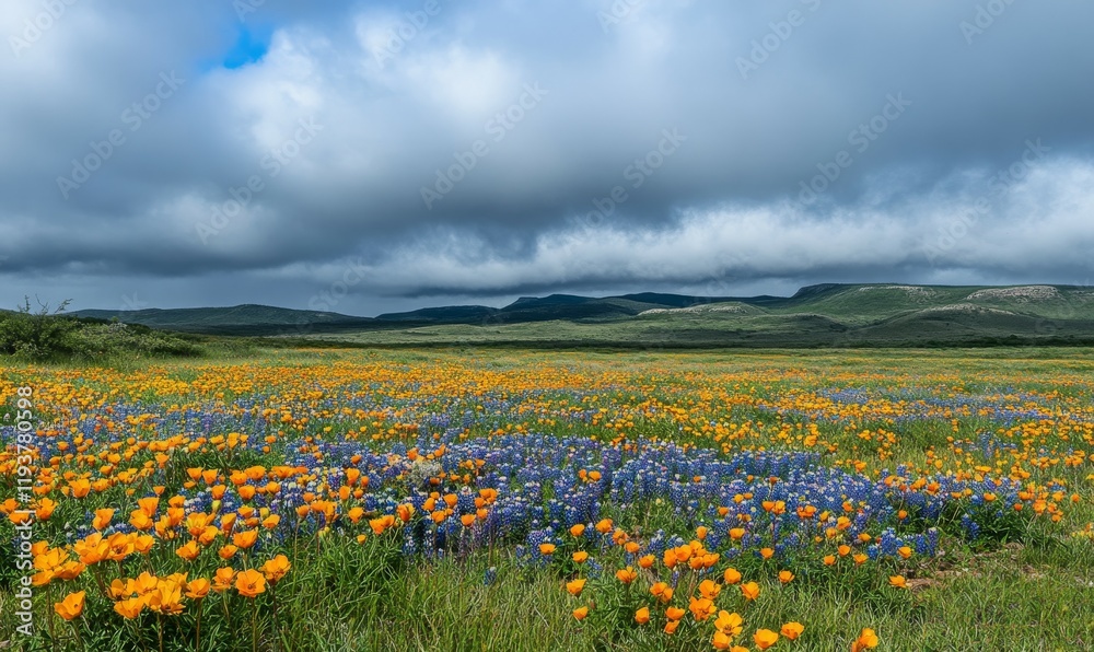 A dramatic contrast between the deep blues of the cloudy sky and the vibrant yellows and oranges of wildflowers A dramatic contrast between the deep blues of the cloudy sky and the vibrant yellows and oranges of wildflowers