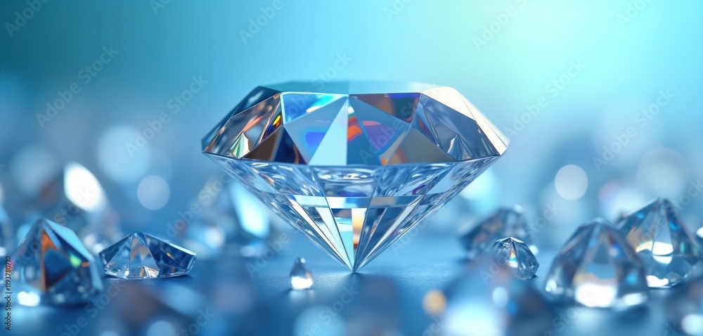Closeup view of brilliant faceted diamond. Shiny gem with brilliant light reflection on blue background. Many smaller diamonds around central gem. Image digital render of gemstones, exhibits modern Closeup view of brilliant faceted diamond. Shiny gem with brilliant light reflection on blue background. Many smaller diamonds around central gem. Image digital render of gemstones, exhibits modern