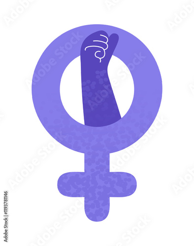 Accelerate action IWD 2025 campaign sign. Purple Venus symbol sticker with raised female fist for International Women's day. Feminism, empowerment and gender equality concept. Vector illustration