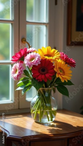 Freshly cut flowers placed on a decorative wooden table, flower arrangement, bouquet, gift