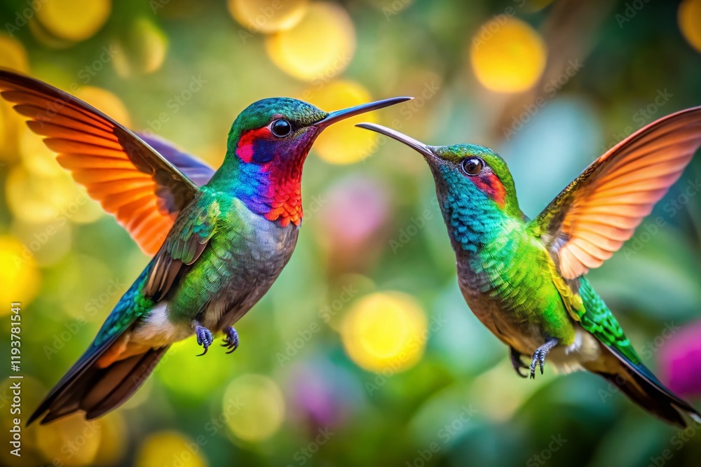 Fototapeta premium Two Contour Hummingbirds in Flight, Candid Wildlife Photography