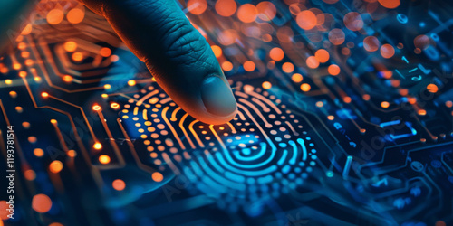 Finger pressing glowing fingerprint scanner on circuit board, Biometric authentication and digital security concept