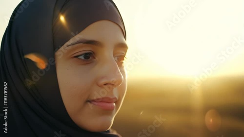 A woman in a hijab looking serene under the golden light of sunset during Ramadan photo