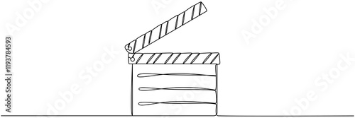 Clapper board continuous one line drawing. Movie scene episode production concept. Vector illustration isolated on white.