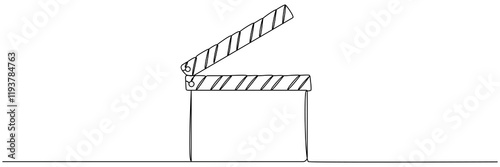 Clapper board continuous one line drawing. Movie scene episode production concept. Vector illustration isolated on white.