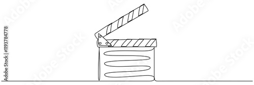 Clapper board continuous one line drawing. Movie scene episode production concept. Vector illustration isolated on white.