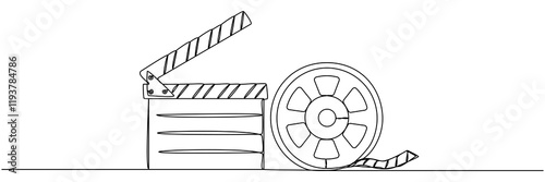 Clapper board and film reel continuous one line drawing. Filmstrip linear element. Movie scene episode production concept. Vector illustration isolated on white.
