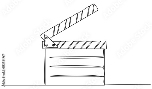 Clapper board continuous one line drawing. Movie scene episode production concept. Vector illustration isolated on white.