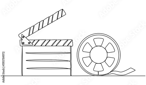 Clapper board and film reel continuous one line drawing. Filmstrip linear element. Movie scene episode production concept. Vector illustration isolated on white.