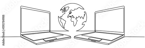 Two laptops with connection to each other continuous line drawing. Portable digital gadgets with Earth globe. International teamwork concept. Vector illustration isolated on white.