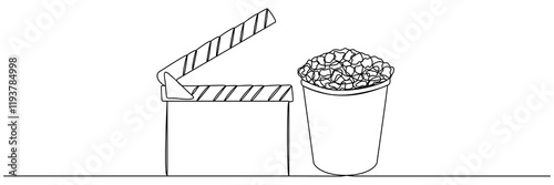 Clapper board and glass of popcorn continuous one line drawing. Movie scene episode production concept. Vector illustration isolated on white.