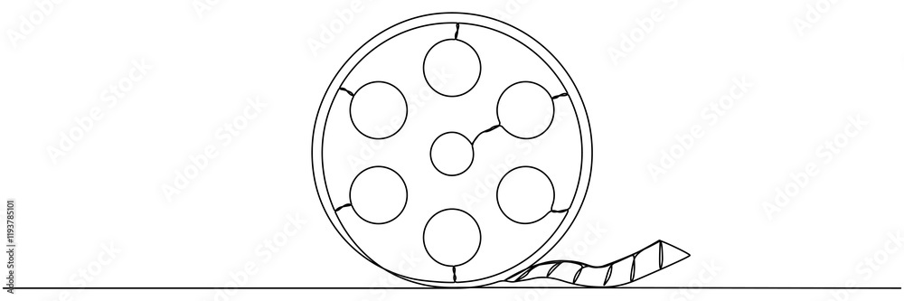 Film reel continuous one line drawing. Movie retro production symbol. Filmstrip linear element. Vector illustration isolated on white. Film reel continuous one line drawing. Movie retro production symbol. Filmstrip linear element. Vector illustration isolated on white.