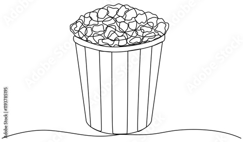 Glass with popcorn continuous one line drawing. Food for movie watching concept. Vector illustration isolated on white.