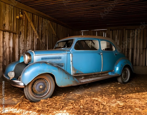 Abandoned classic blue car in an old barn