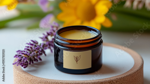 Natural tallow balm in a small jar surrounded by vibrant flowers and lavender, perfect for skin nourishment and wellness rituals photo