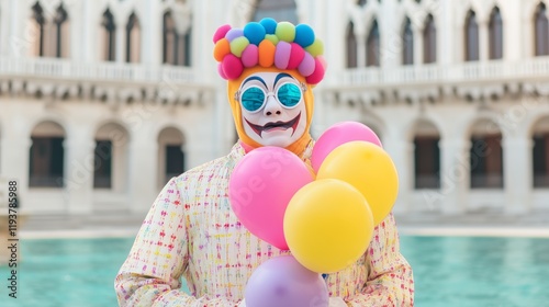 Colorful clown with balloons in front of venetian-style architecture photo