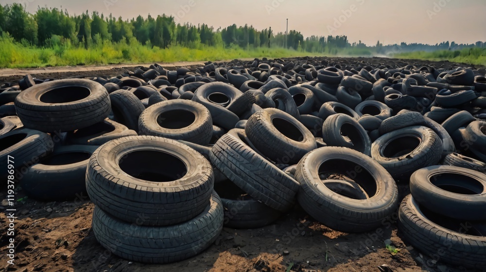 Landfill with old tires and tyres for recycling. Reuse of the waste rubber tyres. Disposal of waste tires. Worn out wheels for recycling. Tyre dump burning plant. Regenerated tire rubber produced. Landfill with old tires and tyres for recycling. Reuse of the waste rubber tyres. Disposal of waste tires. Worn out wheels for recycling. Tyre dump burning plant. Regenerated tire rubber produced.