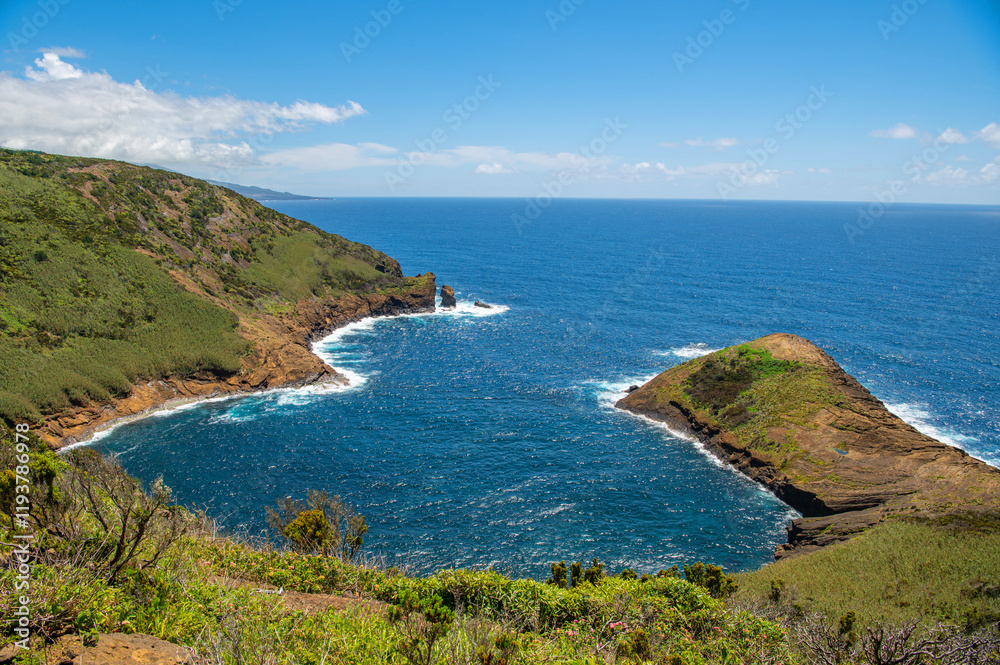 View of volcanic crater under the sea from Monte da Guia near The City of Horta of the Azores, Portugal. Atlantic ocean. Nature photography View of volcanic crater under the sea from Monte da Guia near The City of Horta of the Azores, Portugal. Atlantic ocean. Nature photography