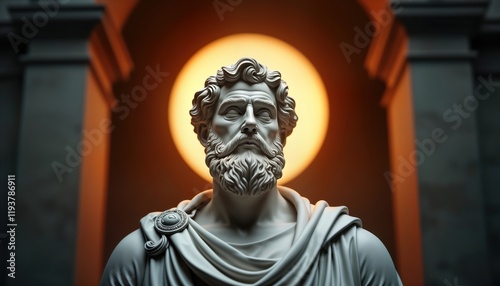 Stoic statue sculpture. Ancient marble statue. Inspirational, motivational concept. Timeless art. Dramatic lighting. Historical backdrop with architecture. Focus on stoic figure. Artistic creation. photo