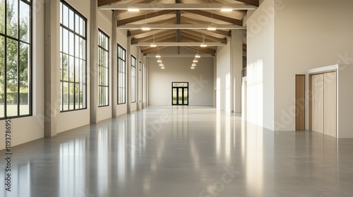 Spacious modern industrial interior with large windows and polished concrete floors