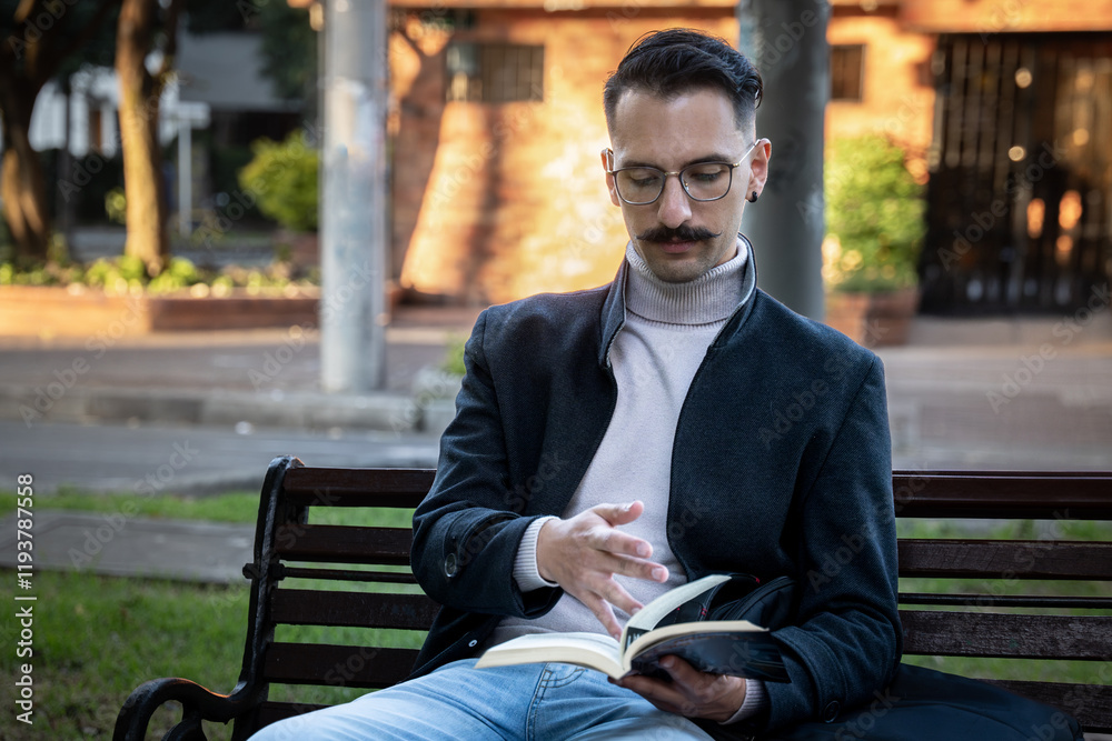 Obraz premium Hispanic man sitting in a park reading a book