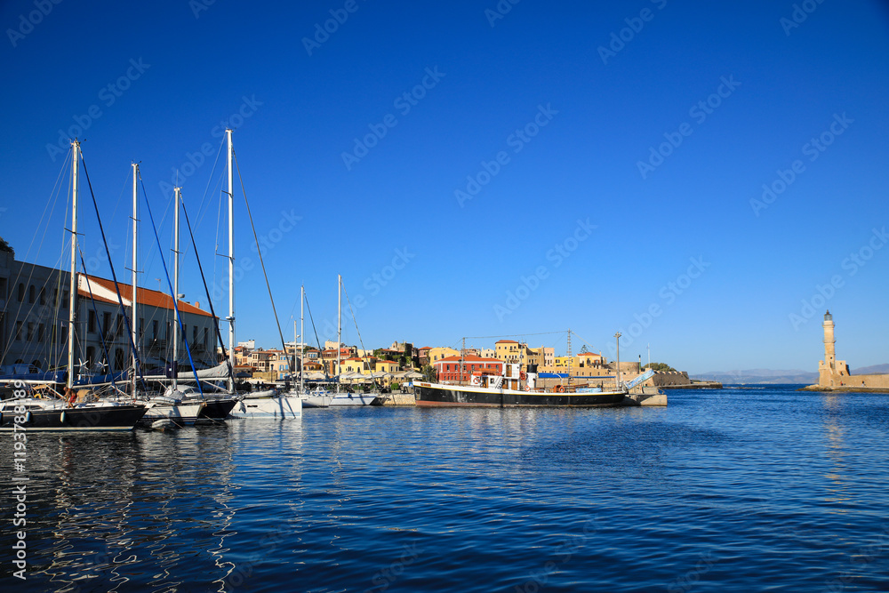 Chania, Crete, Greece. Boat harbor, Souda Bay and Chania Lighthouse Chania, Crete, Greece. Boat harbor, Souda Bay and Chania Lighthouse