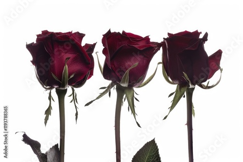 three dark red roses isolated on white