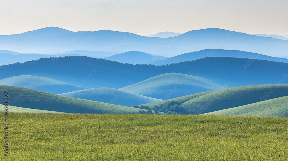 Fototapeta premium Serene Rolling Hills Landscape Blue Mountains Meadow