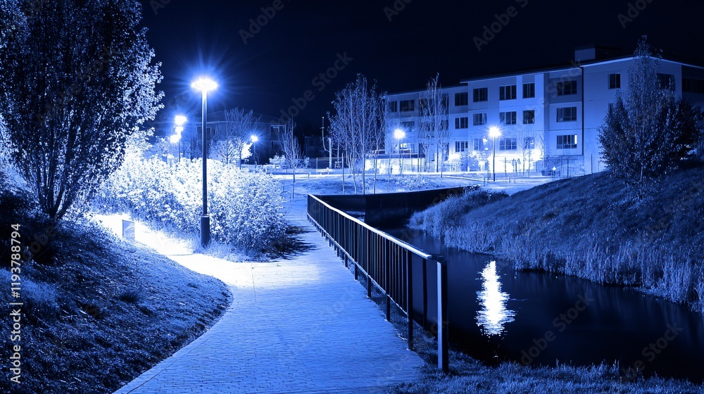 Obraz premium Night Scene, Illuminated Pathway Beside Canal, Modern Building