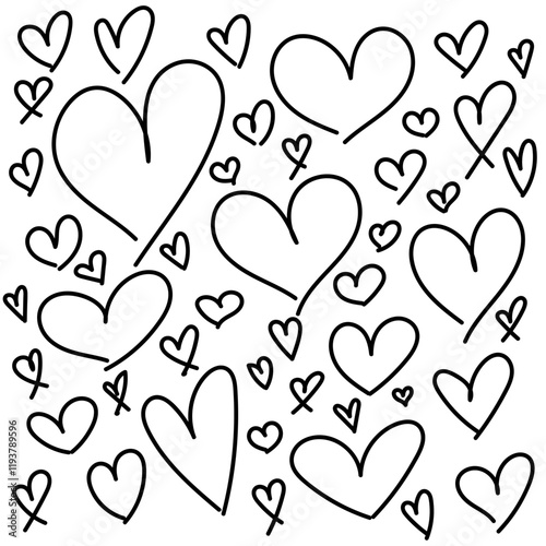 Hand drawn abstract digital hearts of various shapes, sizes and strokes