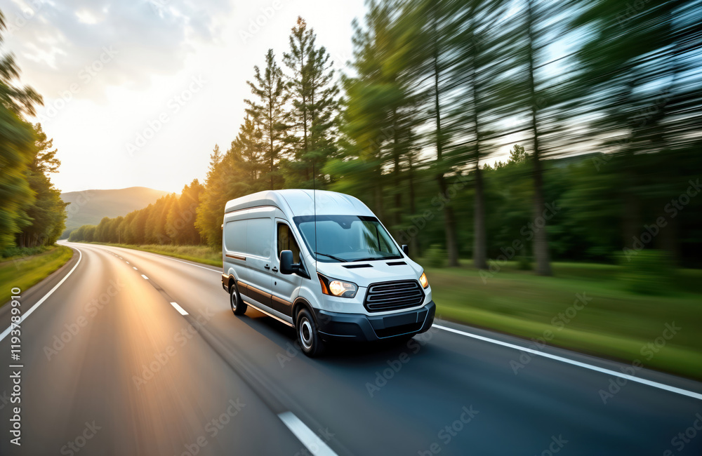White van drives fast on road. Trees, hills form scenic background. Sunny day. Transportation, logistics theme. Modern vehicle in motion. Shipping, delivery service. Express transport concept. White van drives fast on road. Trees, hills form scenic background. Sunny day. Transportation, logistics theme. Modern vehicle in motion. Shipping, delivery service. Express transport concept.
