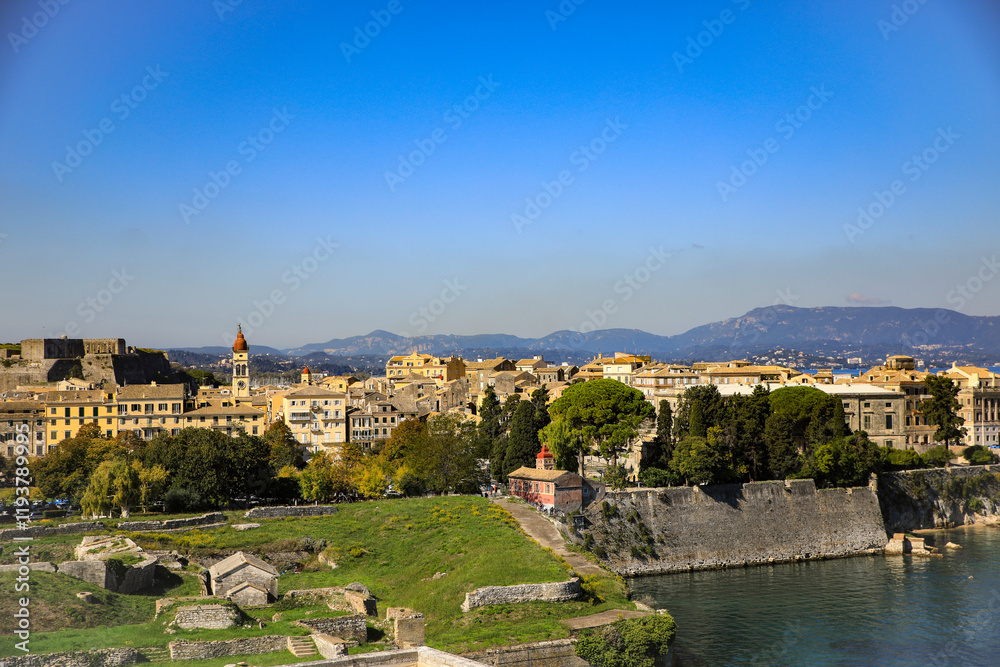 Fototapeta premium Corfu, Greece. Corfu walled city and Old Corfu Fortress and the bay