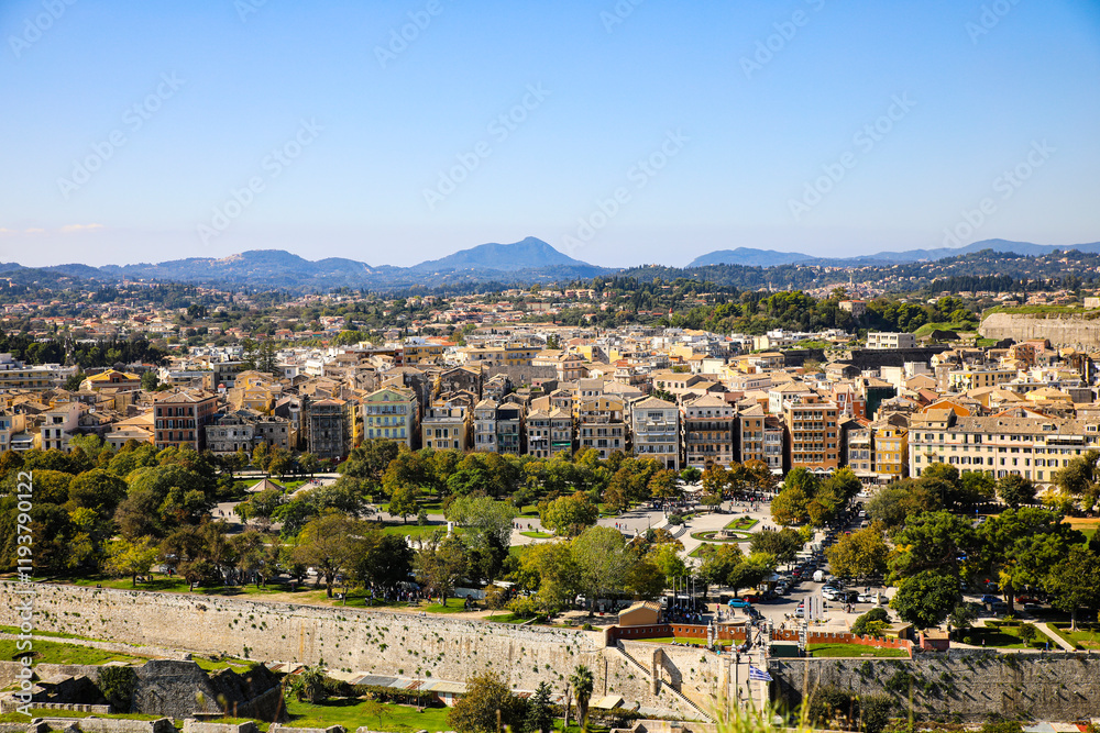 Obraz premium Corfu, Greece. Old town city of Corfu, walled city, fortress and parks