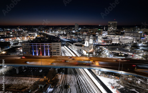 Aerial view of Worcester, Massachusetts at night in winter