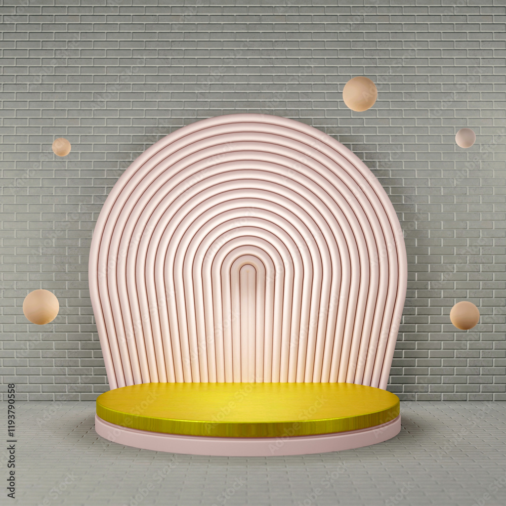 Obraz premium 3D Gold circular platform on light pink base, layer arched pink frame behind, gray brick background, floating light brown spheres. Minimalist design with retro touch.