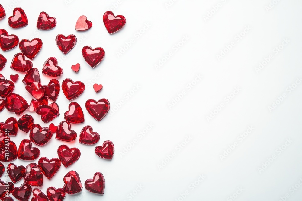 Valentine's Day background with red hearts and a gift box on white, flat lay, isolated on the left side of an empty space for text Generative AI Valentine's Day background with red hearts and a gift box on white, flat lay, isolated on the left side of an empty space for text Generative AI