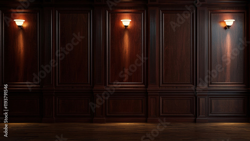 A rich mahogany wood wall with subtle engravings and warm spotlighting, providing a traditional, elegant backdrop perfect for showcasing high-end, classic product displays.
